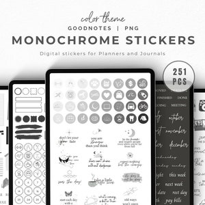 May include: A set of 251 monochrome digital stickers for planners and journals. The stickers feature a variety of designs, including icons, text, and illustrations. The stickers are designed for use with Goodnotes.