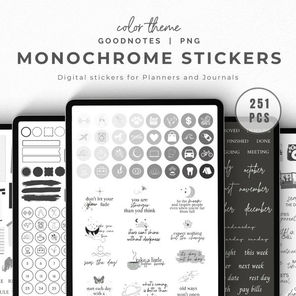 Monochrome Stickers for Dark Planners, Minimalist Digital Stickers, Black and White Digital Planner Stickers, Dark Digital Stickers