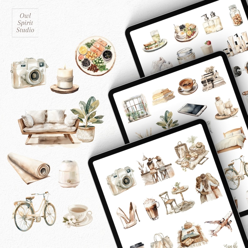 May include: A set of digital stickers featuring watercolour illustrations of various objects, including a camera, a sofa, a plant, a cup of coffee, a window, a book, a rug, a bicycle, a humidifier, and a pair of shoes. The stickers are designed in a minimalist style with a neutral colour palette.