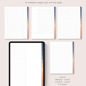 May include: A digital planner template set featuring lined, margin-lined, Cornell-lined, two-column, and half-page column layouts. The templates are displayed on a tablet and individual pages, with a color-block design on the right side. Text at the top reads "LINED & COLUMN TEMPLATES".