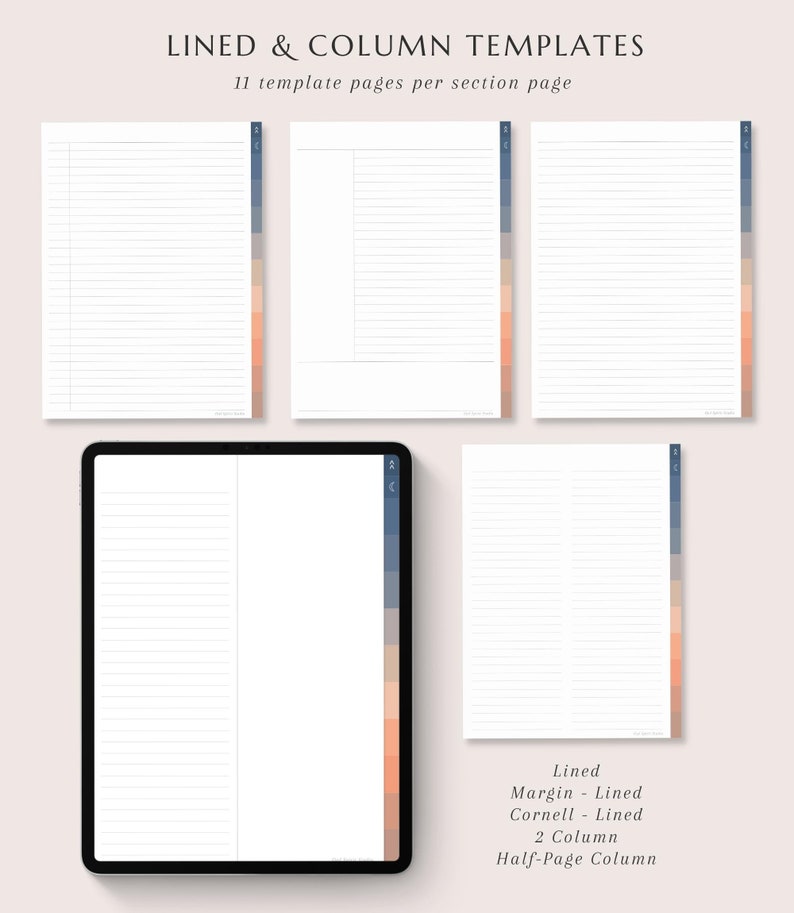 May include: A digital planner template set featuring lined, margin-lined, Cornell-lined, two-column, and half-page column layouts. The templates are displayed on a tablet and individual pages, with a color-block design on the right side. Text at the top reads "LINED & COLUMN TEMPLATES".