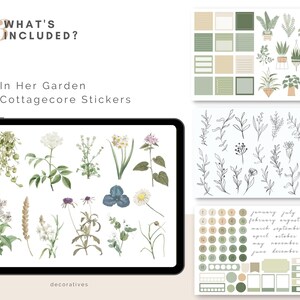 May include: A digital illustration of cottagecore stickers featuring floral designs, line art, and calendar elements. The stickers include various flowers, leaves, and branches, as well as a calendar with months and numbers. The text "In Her Garden Cottagecore Stickers" is displayed at the top of the image.