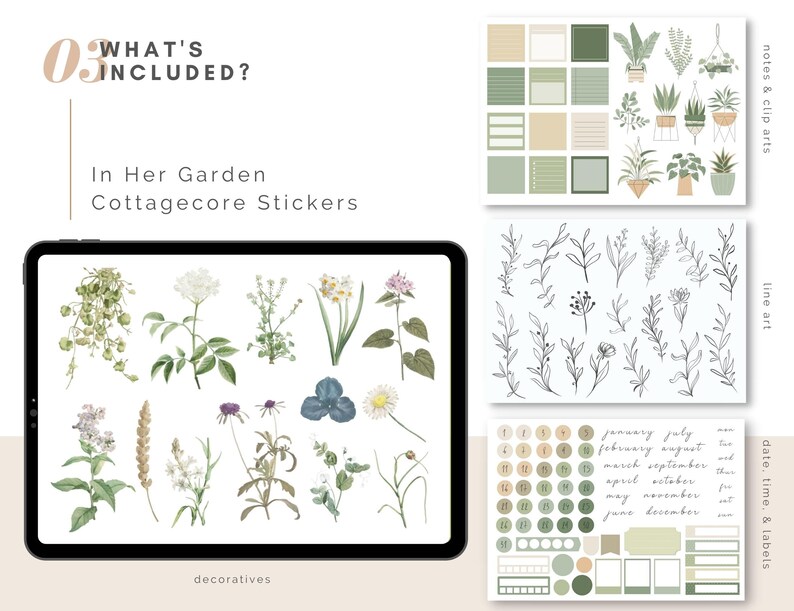 May include: A digital illustration of cottagecore stickers featuring floral designs, line art, and calendar elements. The stickers include various flowers, leaves, and branches, as well as a calendar with months and numbers. The text "In Her Garden Cottagecore Stickers" is displayed at the top of the image.