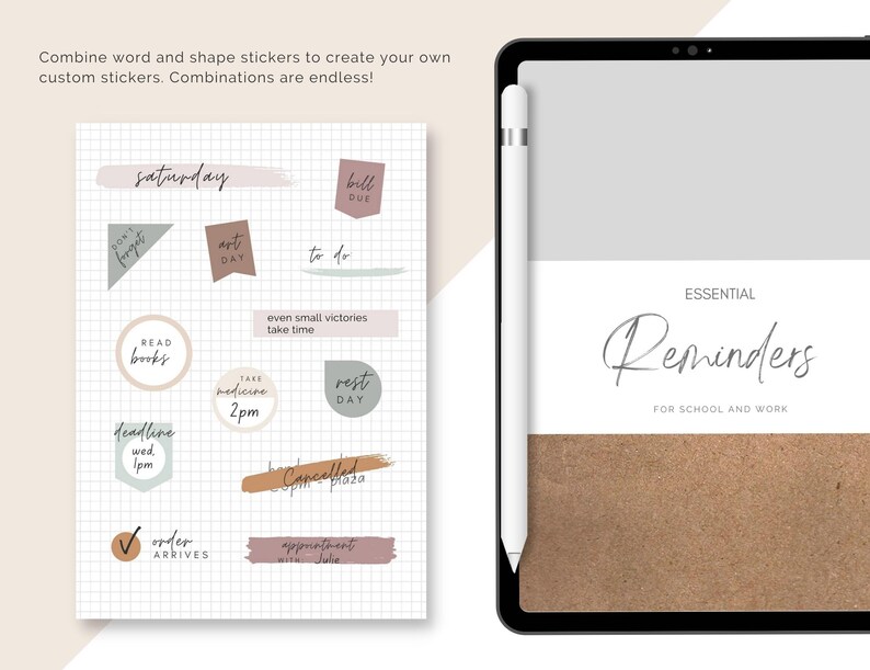 May include: A digital tablet with a brown background and the text "ESSENTIAL Reminders FOR SCHOOL AND WORK". The tablet is on a white surface with a white stylus next to it. The tablet screen shows a digital planner with various stickers and notes.