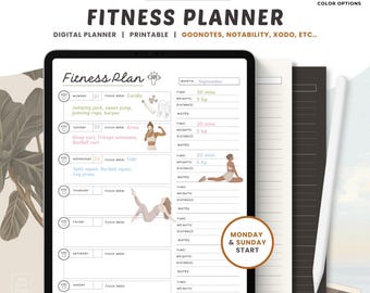 May include: A printable fitness planner for digital note-taking apps like GoodNotes, Notability, Xodo, and others. The planner features a weekly layout with space to record workout details, including focus area, time, weight, distance, and notes. The planner also includes a section for Monday and Sunday start.