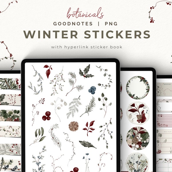Winterseizoen digitale stickers Kerst botanische digitale dagboek Goodnotes Stickers Vakantieplanner Stickers Winterseizoen Greeneries