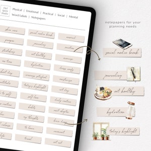 May include: A set of beige notepaper stickers with handwritten text, such as "social media break", "journaling", "eat healthy", and "hydration". The stickers are designed to help with planning and organisation.
