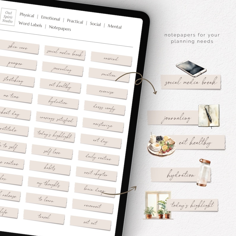 May include: A set of beige notepaper stickers with handwritten text, such as "social media break", "journaling", "eat healthy", and "hydration". The stickers are designed to help with planning and organisation.