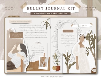 Digital Bullet Journal Kit - Digital Bujo Journal with Scrapbook Stickers, Aesthetic Illustration Stickers, Journal and Neutral Stickers