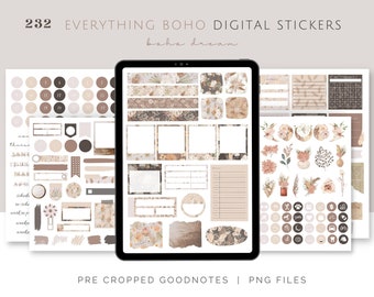 Boho Goodnotes Digital Stickers in Neutral Color, Soft Bohemian Florals, Soft Boho Goodnotes Stickers for Digital Planner, Pre-cropped & PNG