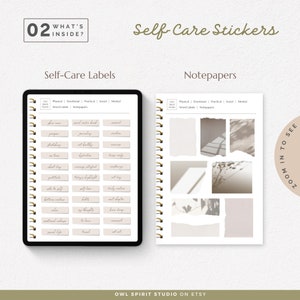 May include: A digital planner with two pages of self-care stickers. The left page features a grid of labels with phrases like "skin care", "prayer", "feeling", "no time", "short day", "gratitude", "take to self", "bedtime routine", "colours", "emotional release", "peaceful life", "travel", "set out", "journal notes board", "morning", "not healthy", "hygiene", "unexpected", "today's highlight", "self love", "early routine", "my thoughts", "to leave", "treat", "inspired", "meditation", "service", "dress comfy", "recharge", "not day", "early deadline", "brain dump", "remember", "set out". The right page features a grid of notepaper stickers with a light brown background and a shadow pattern.