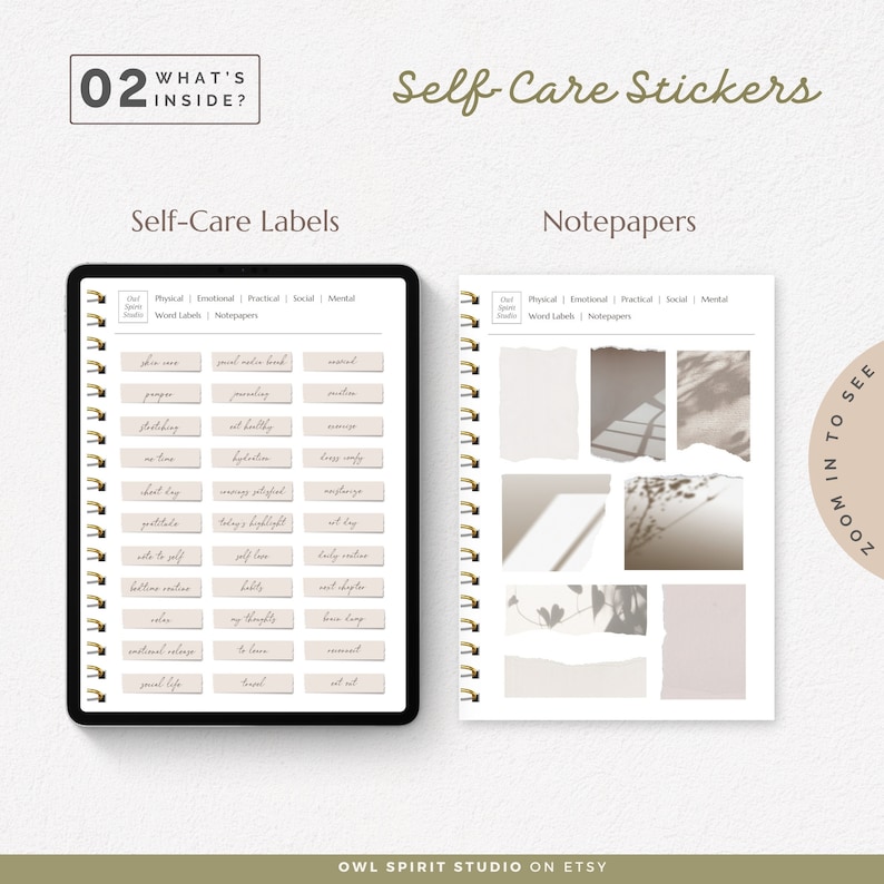 May include: A digital planner with two pages of self-care stickers. The left page features a grid of labels with phrases like "skin care", "prayer", "feeling", "no time", "short day", "gratitude", "take to self", "bedtime routine", "colours", "emotional release", "peaceful life", "travel", "set out", "journal notes board", "morning", "not healthy", "hygiene", "unexpected", "today's highlight", "self love", "early routine", "my thoughts", "to leave", "treat", "inspired", "meditation", "service", "dress comfy", "recharge", "not day", "early deadline", "brain dump", "remember", "set out". The right page features a grid of notepaper stickers with a light brown background and a shadow pattern.