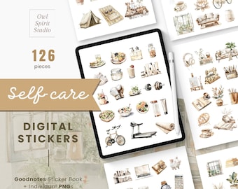 Pegatinas digitales de autocuidado, pegatinas estéticas, pegatinas de salud mental, pegatinas estéticas de Goodnotes, pegatinas de bienestar y amor propio.