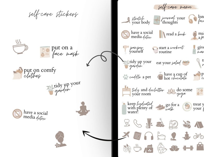 May include: A set of self-care stickers with illustrations of activities like stretching, journaling, reading, and gardening. The stickers are in a light brown color scheme and have a minimalist design.