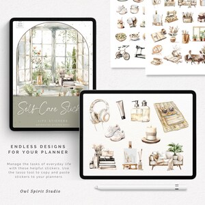 May include: A digital planner sticker set featuring watercolour illustrations of self-care items, such as headphones, candles, plants, and a sofa. The stickers are designed for use in digital planners and are labelled "Self-Care Stick" and "Life Stickers".