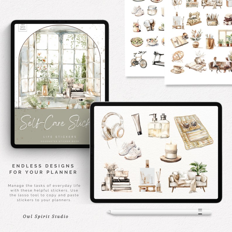 May include: A digital planner sticker set featuring watercolour illustrations of self-care items, such as headphones, candles, plants, and a sofa. The stickers are designed for use in digital planners and are labelled "Self-Care Stick" and "Life Stickers".