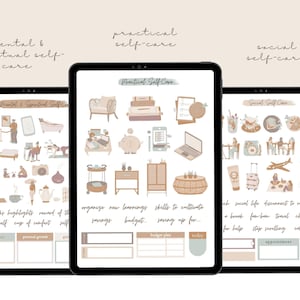 May include: Three digital planner pages with illustrations of self-care activities. The first page is titled "Mental & Spiritual Self-Care" and features illustrations of meditation, reading, and taking a bath. The second page is titled "Practical Self-Care" and features illustrations of budgeting, saving, and organizing. The third page is titled "Social Self-Care" and features illustrations of spending time with friends, traveling, and taking a break.