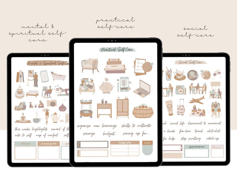 May include: Three digital planner pages with illustrations of self-care activities. The first page is titled "Mental & Spiritual Self-Care" and features illustrations of meditation, reading, and taking a bath. The second page is titled "Practical Self-Care" and features illustrations of budgeting, saving, and organizing. The third page is titled "Social Self-Care" and features illustrations of spending time with friends, traveling, and taking a break.