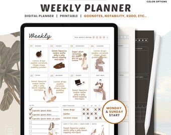 May include: A weekly planner printable digital download with a brown and white color scheme. The planner has a daily layout with space for to-do lists, habit tracking, and notes. The planner features illustrations of desserts and people.