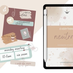 May include: A digital sticker book for Goodnotes app with a neutral color palette. The cover features a watercolor background with brown and beige splatters. The title "EVERYTHING neutral" is written in a cursive font. The subtitle is "GOODNOTES STICKER BOOK".