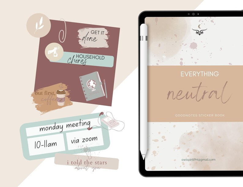 May include: A digital sticker book for Goodnotes app with a neutral color palette. The cover features a watercolor background with brown and beige splatters. The title "EVERYTHING neutral" is written in a cursive font. The subtitle is "GOODNOTES STICKER BOOK".