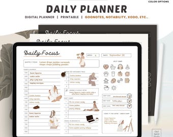 May include: A digital daily planner template with a brown and white color scheme. The planner includes sections for quotes, to-do lists, self-care, and a brain dump. The planner is designed for use with digital note-taking apps like GoodNotes, Notability, Xodo, and others.