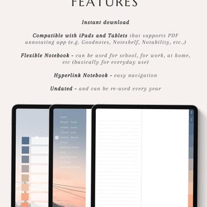May include: Digital notebook displayed on tablets. The image shows the features of the notebook, including instant download, compatibility with iPads and tablets, and a flexible design for various uses. The notebook is undated and can be reused.