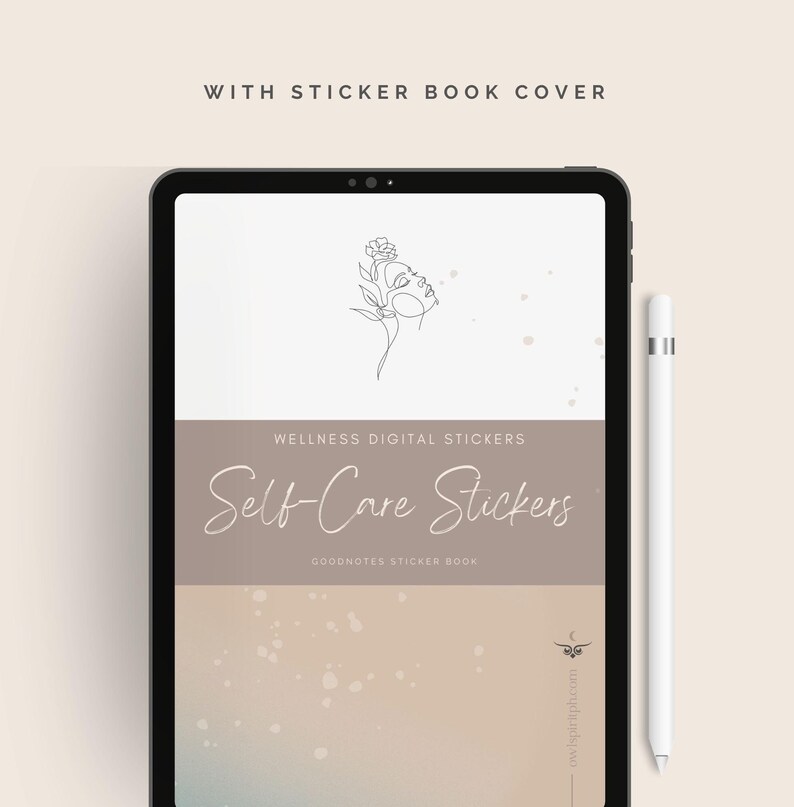 May include: A digital sticker book cover with a line drawing of a woman's face with a flower in her hair. The text "Wellness Digital Stickers Self-Care Stickers Goodnotes Sticker Book owlspiritph.com" is on the cover.