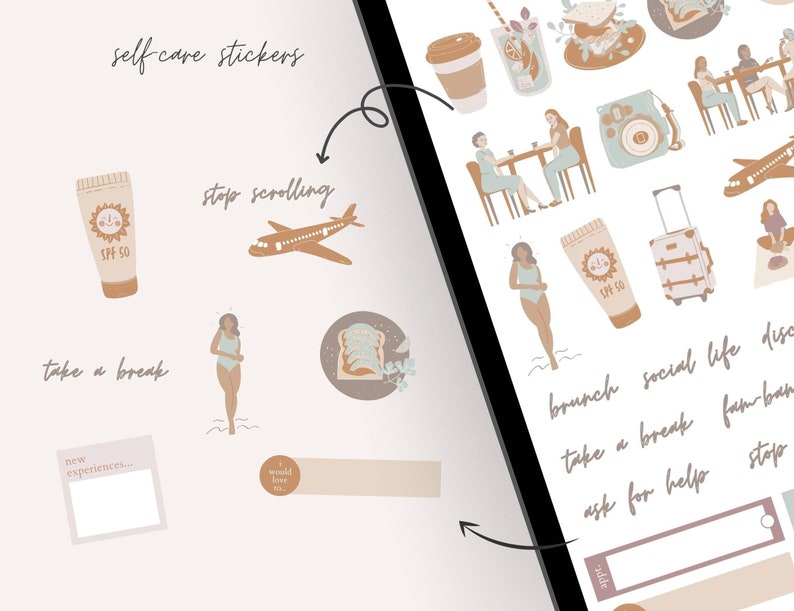 May include: A set of digital stickers featuring illustrations of self-care activities, including taking a break, traveling, and enjoying brunch with friends. The stickers are in a minimalist style with a warm color palette.