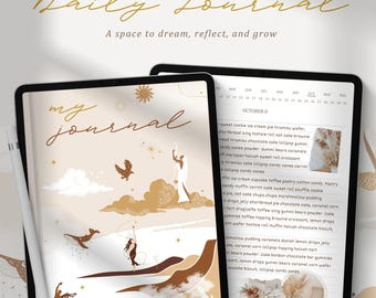 May include: A digital planner page with a brown and beige color scheme. The page features a whimsical illustration of a woman standing on a cloud with a bird flying above her. The text "my journal" is written in a decorative font at the top of the page. The page also includes a calendar for the month of October with the date October 8 highlighted. A list of sweet treats is written below the calendar.