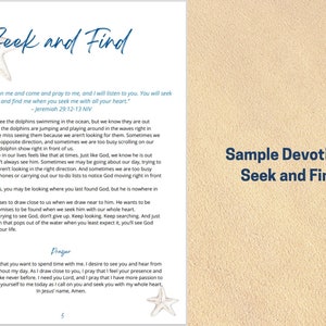 Puede incluir: Una p&aacute;gina de devoci&oacute;n con una ilustraci&oacute;n de estrella de mar y el texto "Seek and Find". El texto incluye una cita de Jerem&iacute;as 29:12-13 NVI: "Entonces me invocar&aacute;s, vendr&aacute;s a m&iacute; y me orar&aacute;s, y yo te escuchar&eacute;. Me buscar&aacute;s y me encontrar&aacute;s, cuando me busques de todo tu coraz&oacute;n."