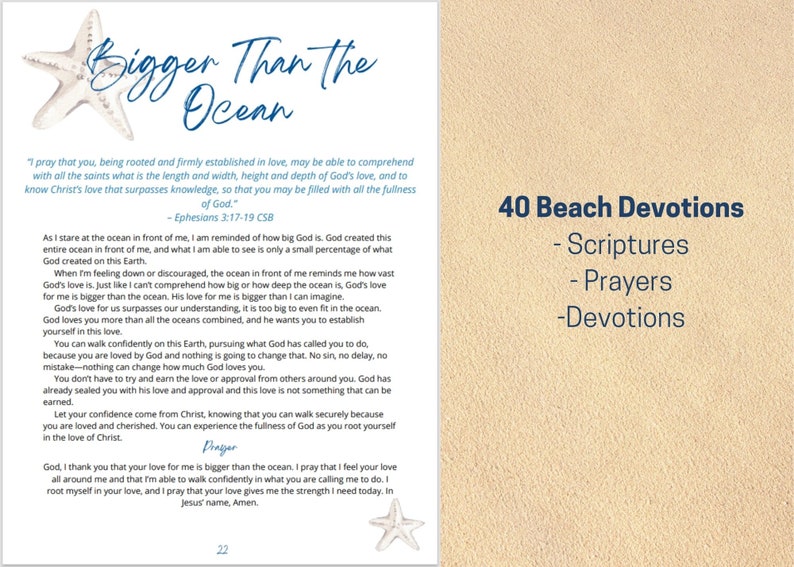 Puede incluir: Una p&aacute;gina de un libro de devociones con una estrella de mar azul y blanca en el lado izquierdo y un fondo beige en el lado derecho. El texto en el lado izquierdo dice "Bigger Than The Ocean" e incluye una cita de Efesios 3:17-19. El texto en el lado derecho dice "40 Beach Devotions" y enumera "Escrituras", "Oraciones" y "Devociones".