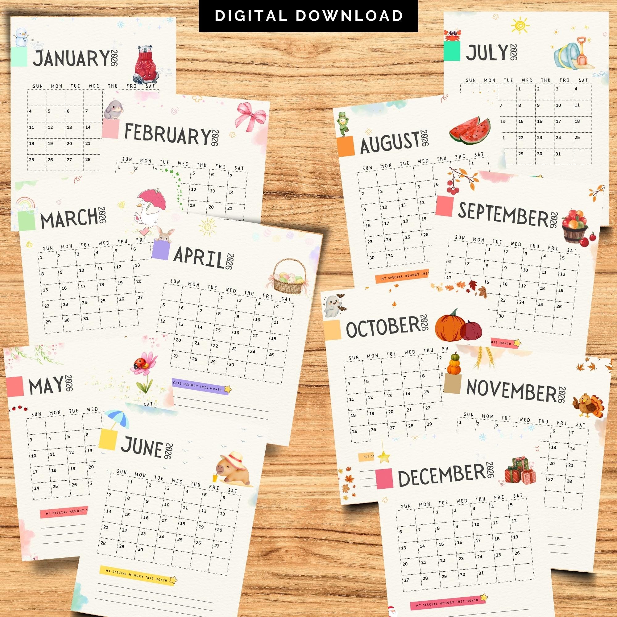 2026 Kids Calendar Printable | Monthly Planner, Write & Draw (digital ...
