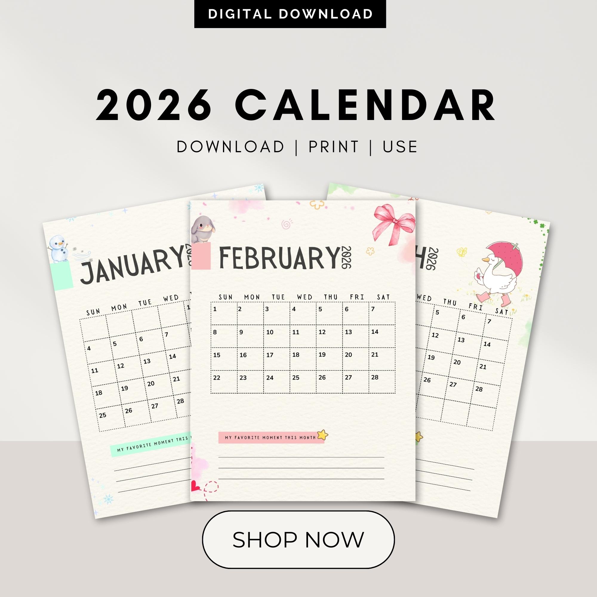 2026 Kids Calendar Printable | Monthly Planner, Write & Draw (digital ...