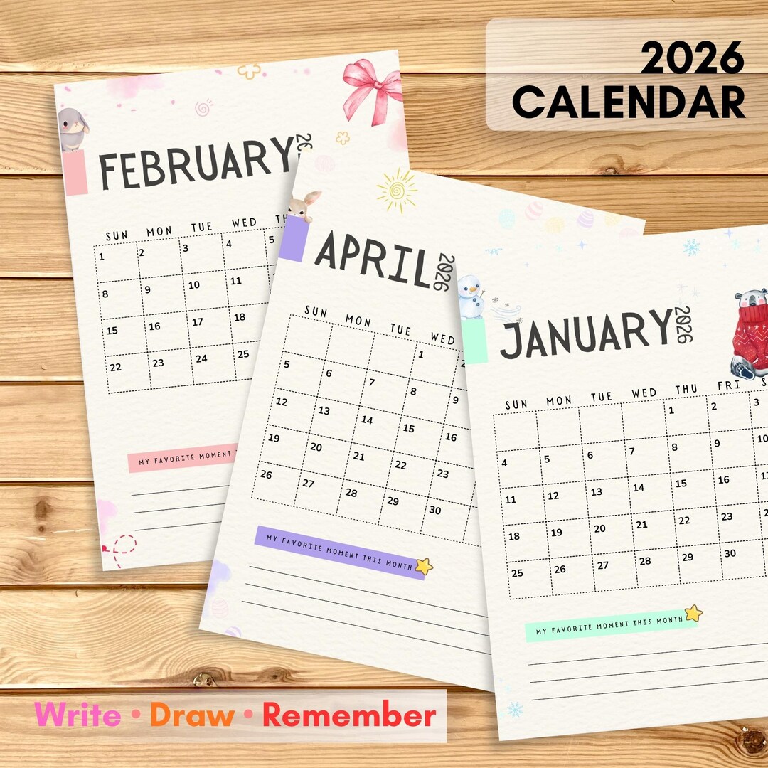2026 Kids Calendar Printable | Monthly Planner, Write & Draw (digital ...