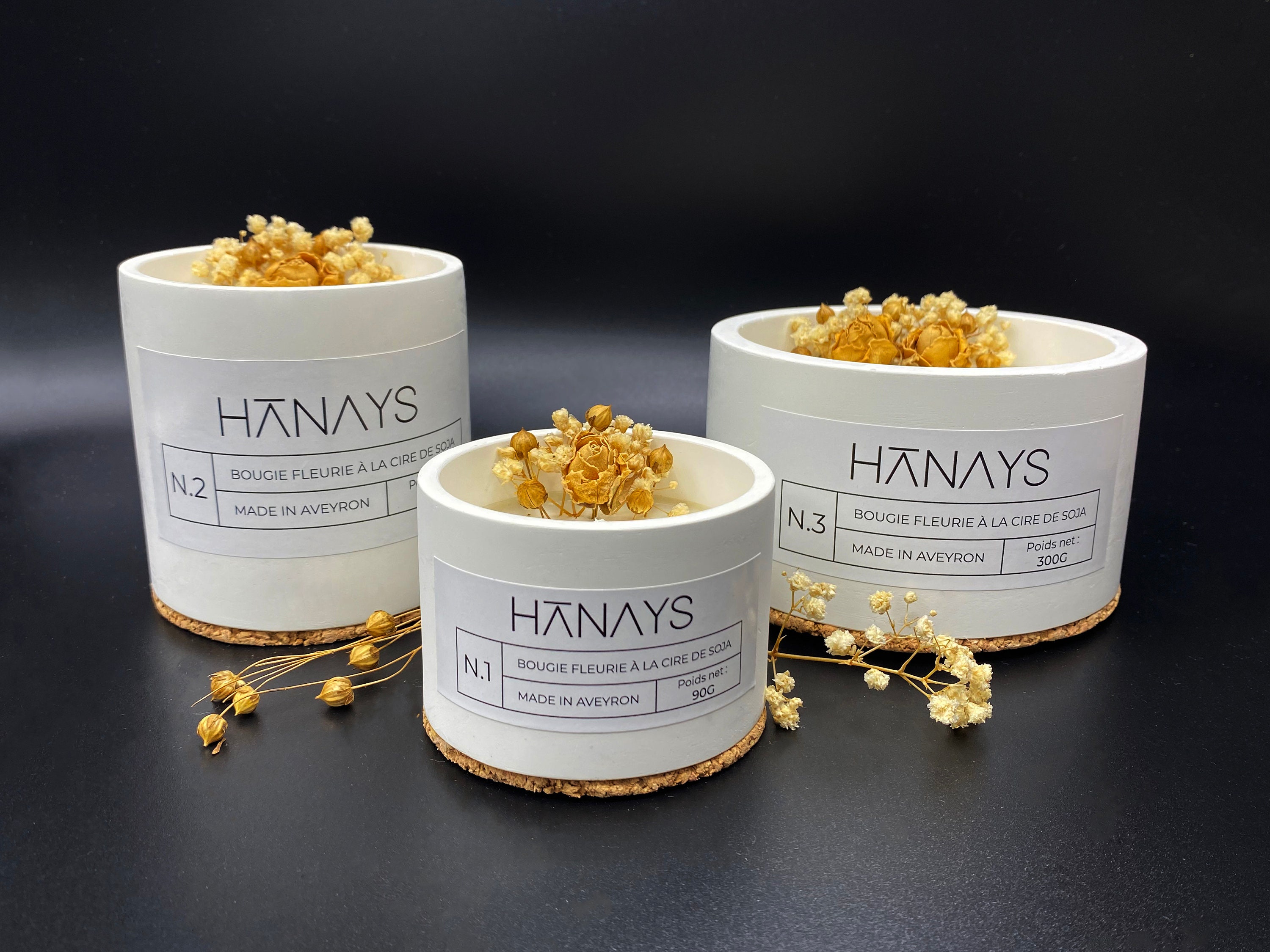 Hanays /Bougie Fleurie/Fleurs Séchées/Bougie Parfumée/Bougie Artisanale/Fait Main/Cire de Soja/Socle