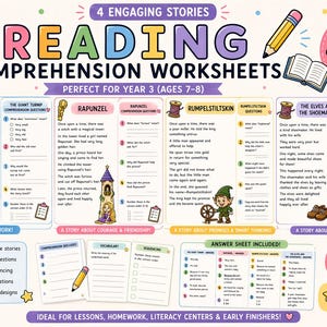 Peut inclure: Feuilles de travail de compréhension de lecture pour les élèves de 3e année (7-8 ans). Le matériel éducatif coloré comprend 4 histoires captivantes, des questions de compréhension et des exercices de vocabulaire. Avec des histoires comme "Le Grand Navet" et "Raiponce".
