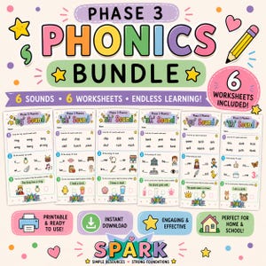 Puede incluir: Un colorido paquete educativo para la Fase 3 de Fonética, con seis hojas de trabajo con varios sonidos. Las hojas de trabajo incluyen actividades e ilustraciones atractivas para el aprendizaje. El paquete es imprimible y listo para usar.