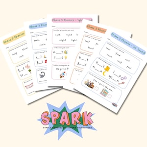 May include: A stack of educational worksheets titled "Phase 3 Phonics" in various colors. The worksheets feature exercises for learning phonics, including circling sounds, filling in missing letters, and matching pictures. The "SPARK" logo is at the bottom.