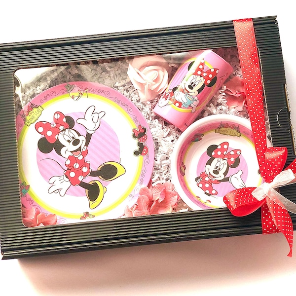 Geschenkset ''Minnie Mouse- Minnie's Cafe'', Geschirr-Set 3-teilig (Teller, Schale & Becher aus Melamin)