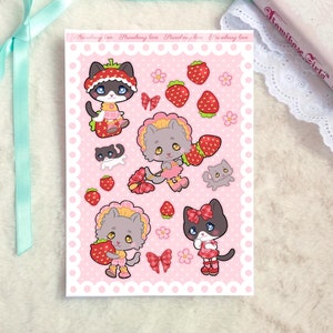 Chats et fraises ~ Feuille d'autocollants