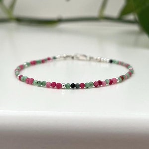 Tiny Ruby Zoisite & Sterling Silver Minimalist Bracelet, Pink Stacking Bracelet, Gemstone Clasp Bracelet, Crystal Jewelry, 925