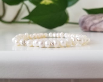 Freshwater Pearl Bracelet, Genuine Gemstone Stacking Bracelet, 925 Silver Jewelry, June Birthstone Jewellery, Women's Bracelet