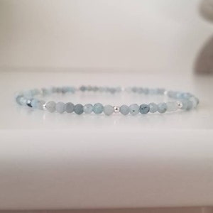 Dainty Aquamarine Bracelet, March  Birthstone Jewelry, Minimalist Pale Blue Stretch Bracelet, Genuine Gemstone & Sterling Silver Bracelet