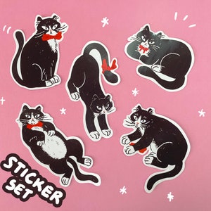 Set di adesivi per gatti smoking da 5 / Gatto con papillon rosso / Diario, album da disegno, adesivi per diario / Regalo per Cat-Lover