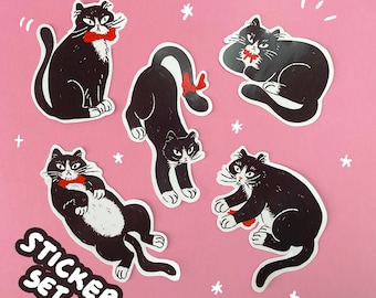 Tuxedo Cat sticker set of 5 | Cat with a red bow tie | Journal, Sketchbook, Diary stickers | Gift for Cat-Lover