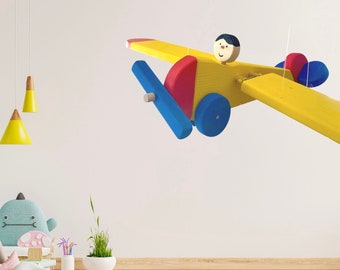 Wooden Airplane Nursery Mobile - Yellow and Blue Plane - Nursery Decor - Kids Room Decor - Baby Shower Gift