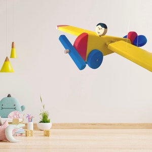 Wooden Airplane Nursery Mobile - Yellow and Blue Plane - Nursery Decor - Kids Room Decor - Baby Shower Gift