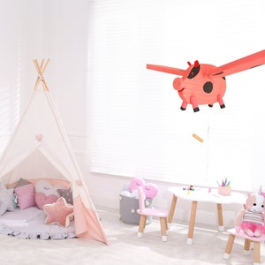 Pink Pig with Black Spots Baby Mobile - Nursery Crib Mobile - Pig Wooden Toy - Flying Pig -  Pig with Flapping Wings - Kids Room Decor