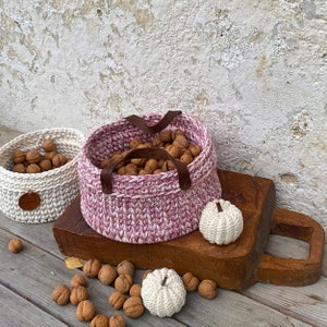 Pink and Cream Crochet Basket with Leather Handles - Recycled Cotton Rope Basket - Boho Kitchen Decor - Craft Room Organizer